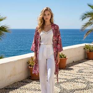 Three Quarter Sleeve Floral Print Open Cardigan with Self-Tie Detail Size M/ L